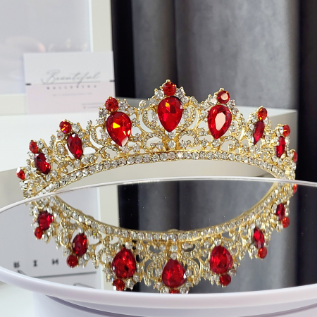 Tiara Coronita Standard - Premium, rosie - aurie - decorata cu cristale rosii si albe, balet [2]