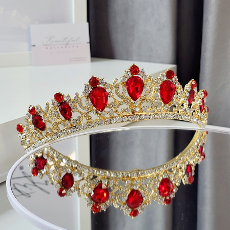 Tiare/Coronite Standard - Tiara Coronita Standard - Premium, rosie - aurie - decorata cu cristale rosii si albe, balet