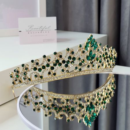 Tiara Standard - Premium, verde - aurie - decorata cu cristale verzi si albe, balet [2]