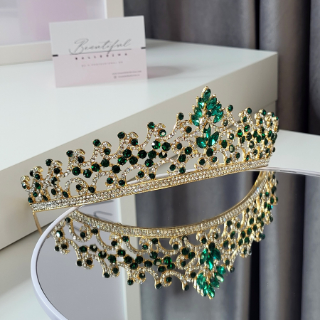 Tiara Standard - Premium, verde - aurie - decorata cu cristale verzi si albe, balet [5]