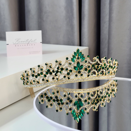 Tiara Standard - Premium, verde - aurie - decorata cu cristale verzi si albe, balet [3]
