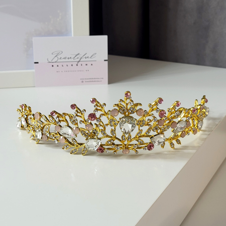 Tiare/Coronite Standard - Tiara Standard - Premium, roz - aurie - decorata cu cristale roz si albe, balet