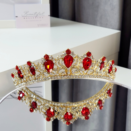Tiara Coronita Standard - Premium, rosie - aurie - decorata cu cristale rosii si albe, balet [3]