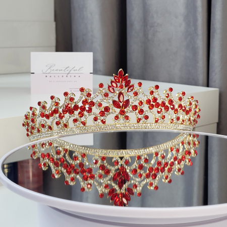 Tiara Standard - Premium, rosie - aurie - decorata cu cristale rosii si albe, balet [2]