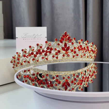 Tiare/Coronite Standard - Tiara Standard - Premium, rosie - aurie - decorata cu cristale rosii si albe, balet