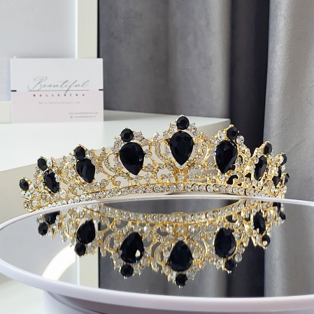 Tiare/Coronite Standard - Tiara Coronita Standard - Premium, negru - aurie - decorata cu cristale negre si albe, balet