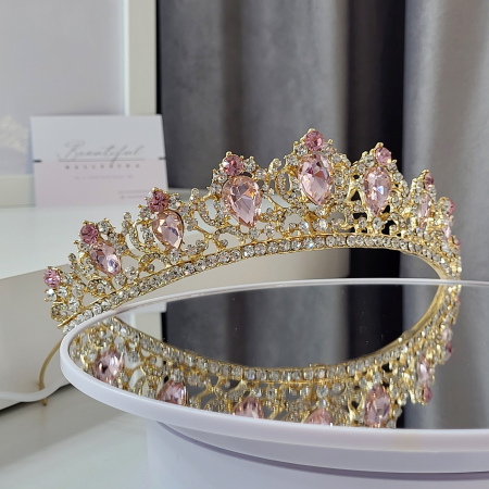 Tiare/Coronite Standard - Tiara Coronita Standard - Premium, roz - aurie - decorata cu cristale roz si albe, balet