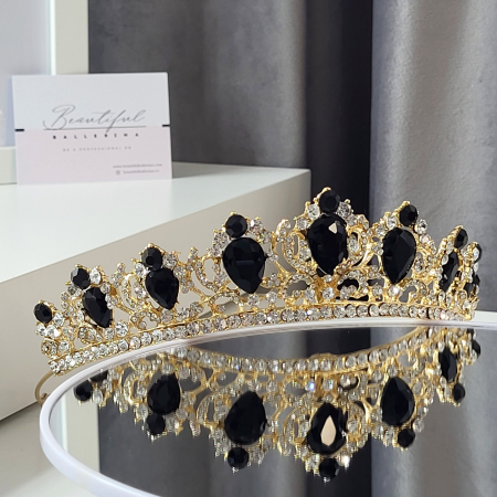 Tiara Coronita Standard - Premium, negru - aurie - decorata cu cristale negre si albe, balet [5]