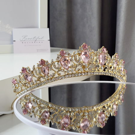 Tiara Coronita Standard - Premium, roz - aurie - decorata cu cristale roz si albe, balet [3]