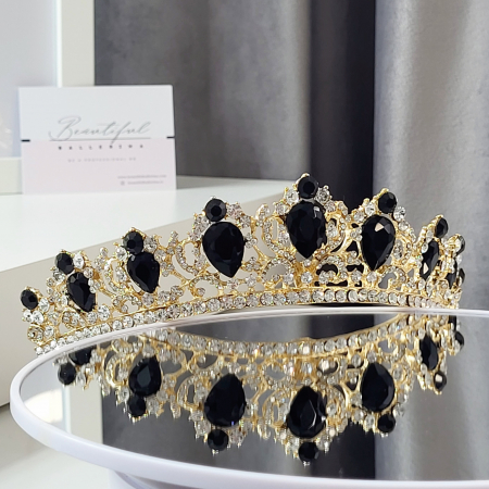 Tiara Coronita Standard - Premium, negru - aurie - decorata cu cristale negre si albe, balet [4]