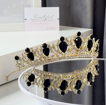 Tiara Coronita Standard - Premium, negru - aurie - decorata cu cristale negre si albe, balet [3]