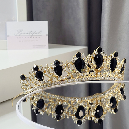 Tiara Coronita Standard - Premium, negru - aurie - decorata cu cristale negre si albe, balet [2]