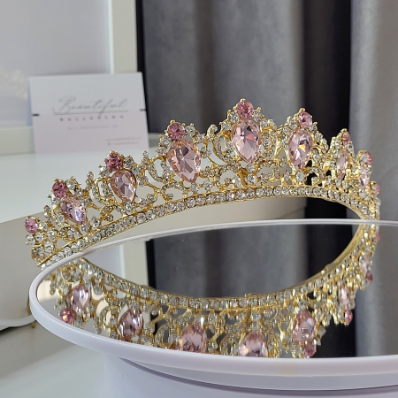 Tiara Coronita Standard - Premium, roz - aurie - decorata cu cristale roz si albe, balet [1]