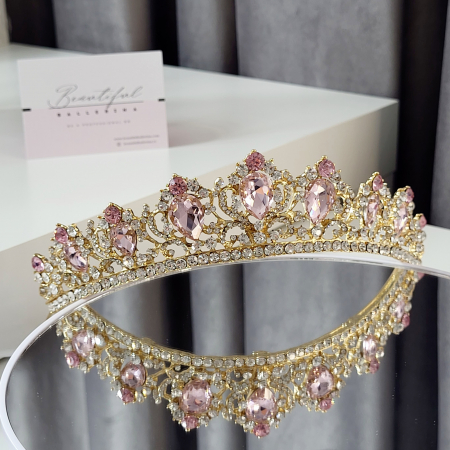 Tiara Coronita Standard - Premium, roz - aurie - decorata cu cristale roz si albe, balet [2]