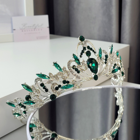 Tiara Standard - Premium, verde - argintie - decorata cu cristale verzi si albe, balet [2]
