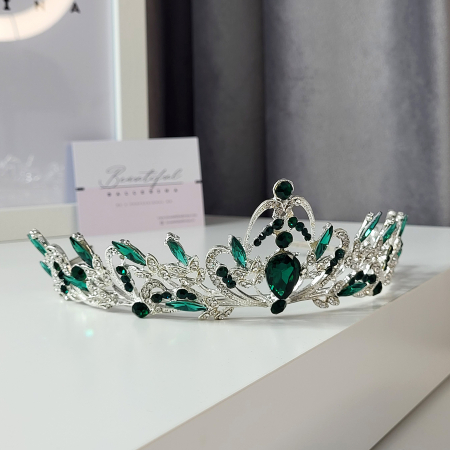 Tiara Standard - Premium, verde - argintie - decorata cu cristale verzi si albe, balet [1]