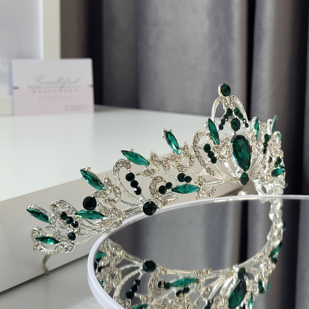 Tiara Standard - Premium, verde - argintie - decorata cu cristale verzi si albe, balet [3]