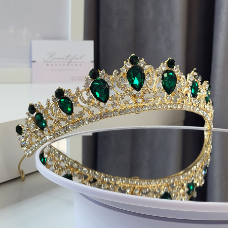 Tiare/Coronite Standard - Tiara Standard - Premium, verde - aurie - decorata cu cristale verzi si albe, balet