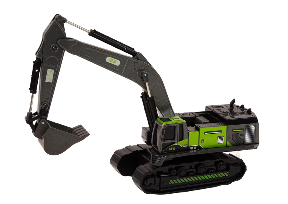 Excavator pe șenile cu cupă metalică verde și negru