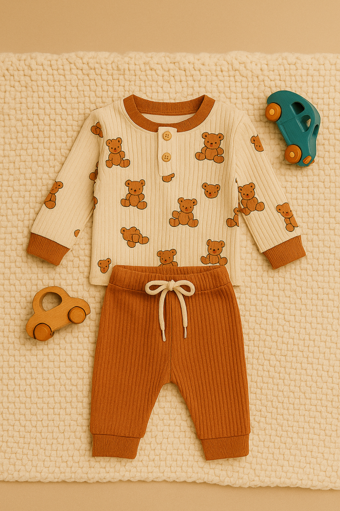 Set bluzita si pantaloni Teddy Bear Dolas din bumbac, cu snur si nasturi [3]