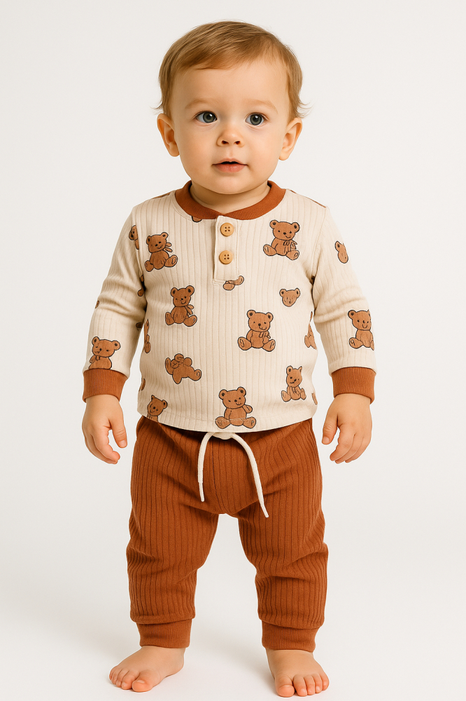 Set bluzita si pantaloni Teddy Bear Dolas din bumbac, cu snur si nasturi [2]