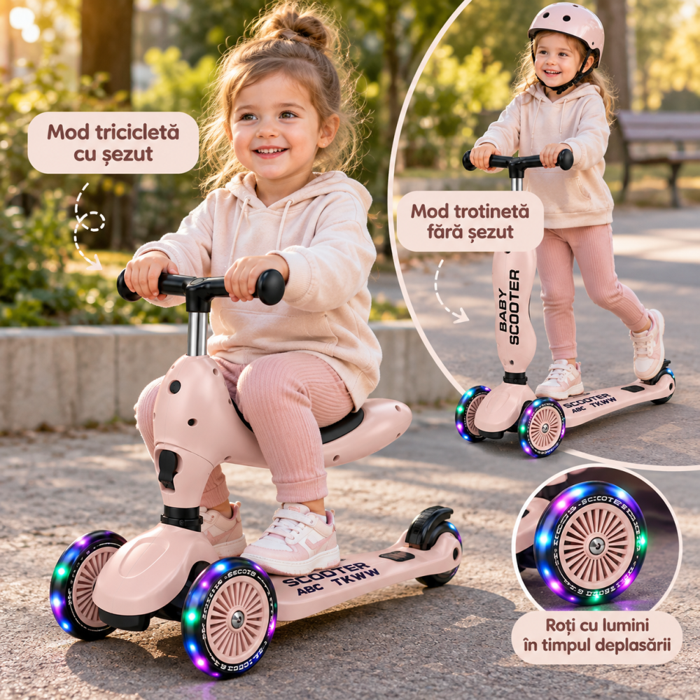 Trotineta copii 2 in 1 ABC TKWW cu sezut, roti luminoase, ghidon reglabil, frana spate, 1-5 ani, roz [2]