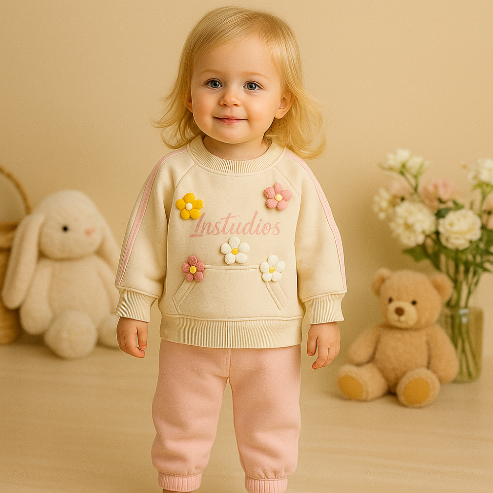 Set 2 piese bluza cu aplicatii florale 3D si pantaloni Bumbac 100% moale [1]