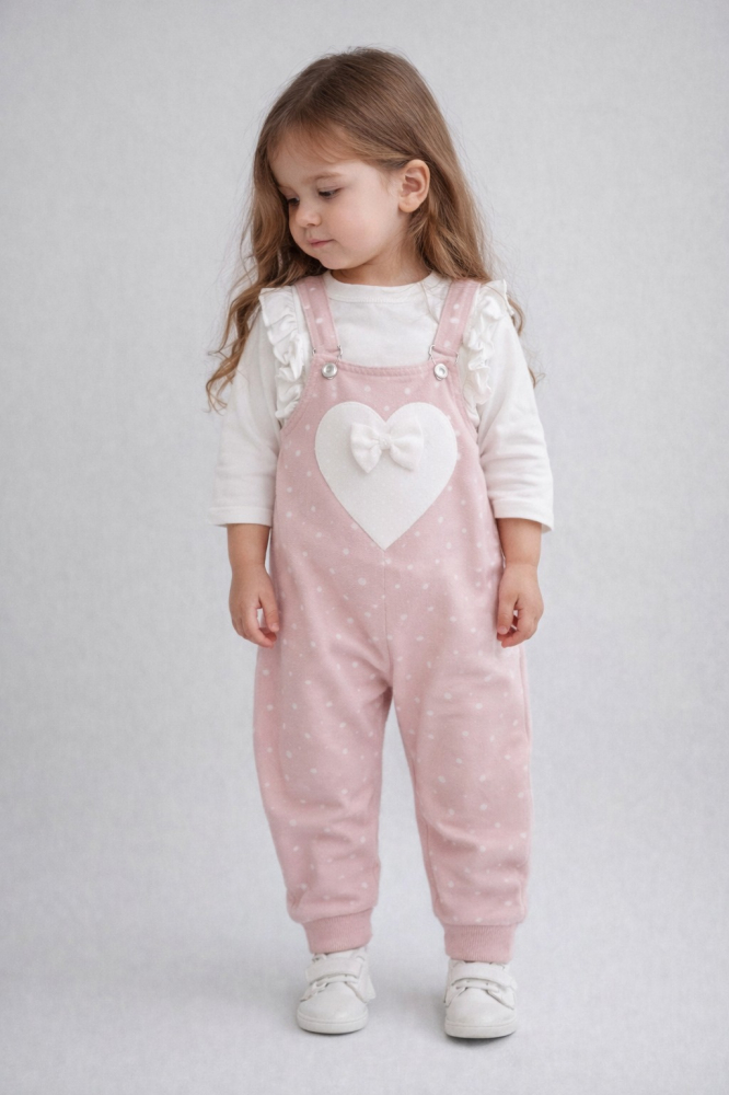 Salopeta pentru fetite, 2 piese, model Little heart, Roz [4]