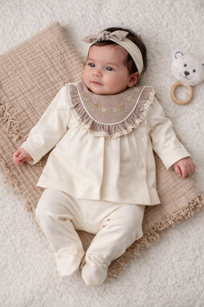 Set bebe fetite 3 piese bumbac 100% crem cu bentita 0-3 luni [2]