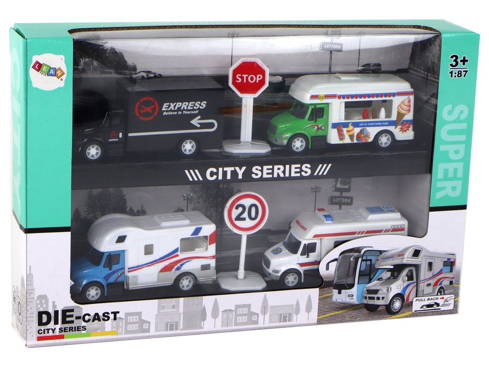 Set 4 Masinute Metalice 1:87 cu Frictiune – Ambulanta, Rulota, Autospeciala Livrare si Van Ice Cream [2]