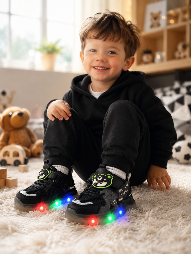 Adidasi sport BEAR negri pentru copii cu luminite LED si inchidere cu arici [5]