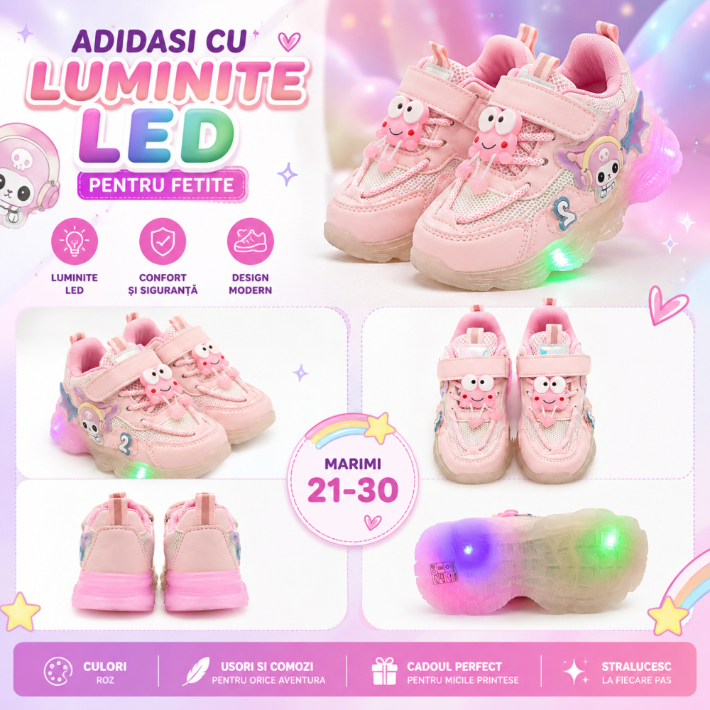 Adidasi sport roz pentru fetite cu luminite LED si inchidere cu arici [4]