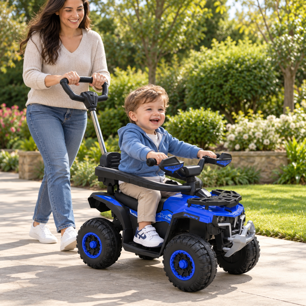 ATV electric copii 3 in 1, cu maner parental, baterie 6V 4,5Ah, bare laterale detasabile, muzica si lumini, albastru, 1-4 ani [9]