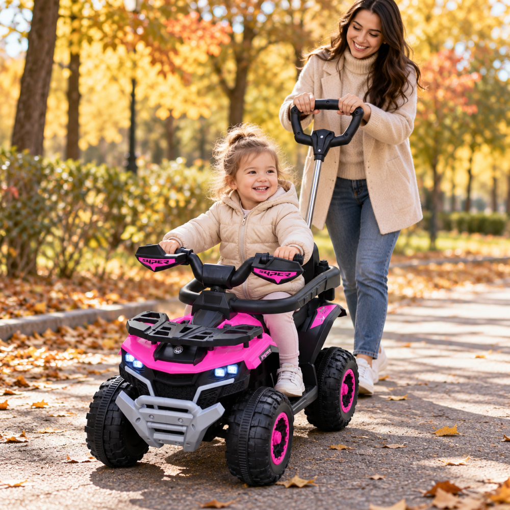 ATV electric copii 3 in 1, cu maner parental, baterie 6V 4,5Ah, bare laterale detasabile, muzica si lumini, roz, 1-4 ani [7]