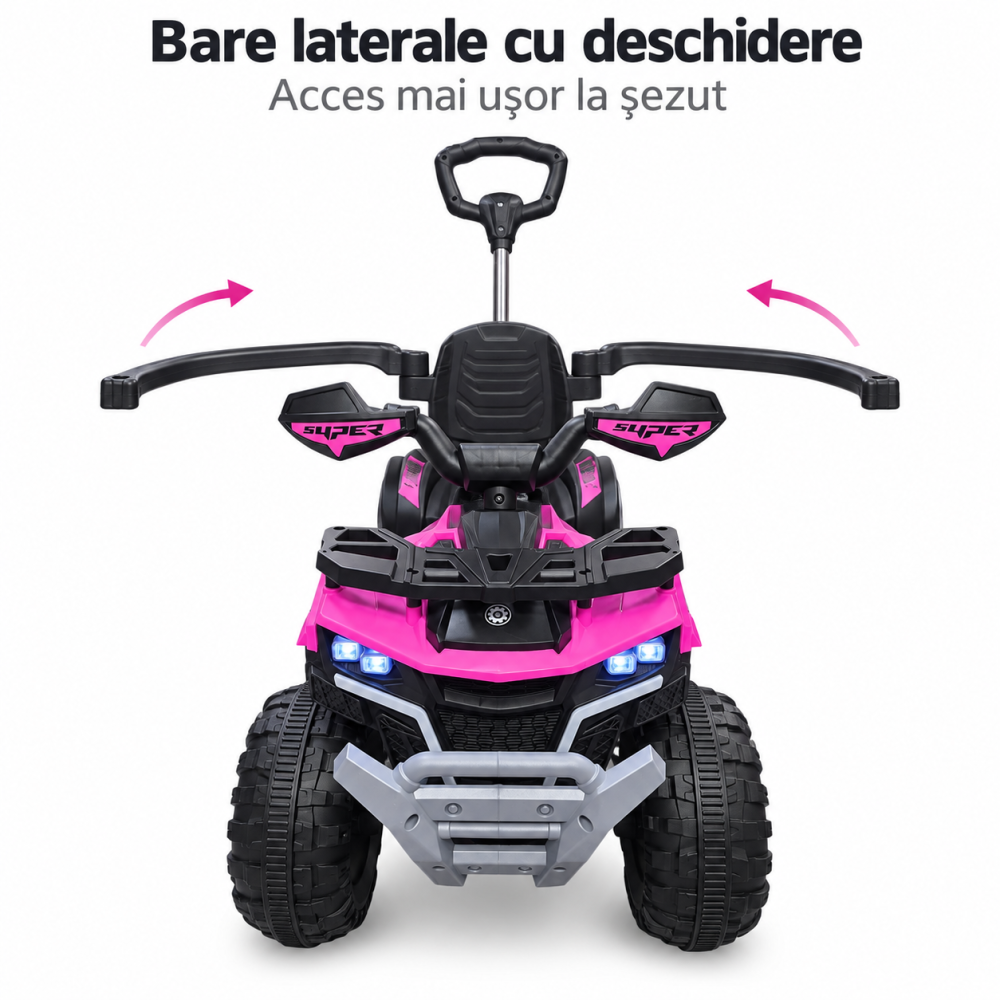 ATV electric copii 3 in 1, cu maner parental, baterie 6V 4,5Ah, bare laterale detasabile, muzica si lumini, roz, 1-4 ani [3]