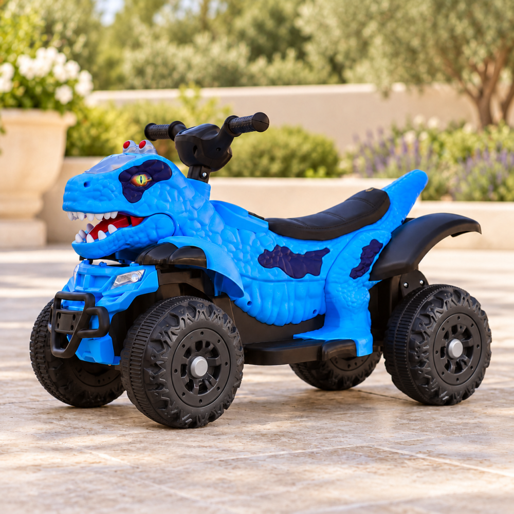 ATV electric dinozaur T-Rex pentru copii, 6V 7Ah, motor 35W, lumini LED, Bluetooth, USB si scaun tapitat, albastru, 18-48 luni [12]