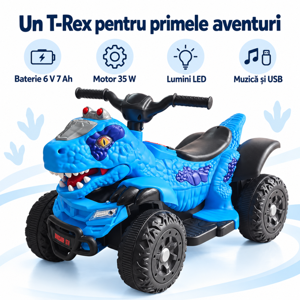 ATV electric dinozaur T-Rex pentru copii, 6V 7Ah, motor 35W, lumini LED, Bluetooth, USB si scaun tapitat, albastru, 18-48 luni [13]