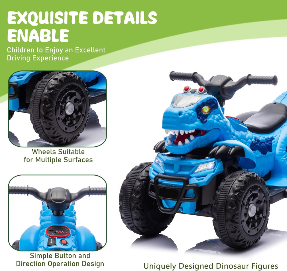 ATV electric dinozaur T-Rex pentru copii, 6V 7Ah, motor 35W, lumini LED, Bluetooth, USB si scaun tapitat, albastru, 18-48 luni [9]