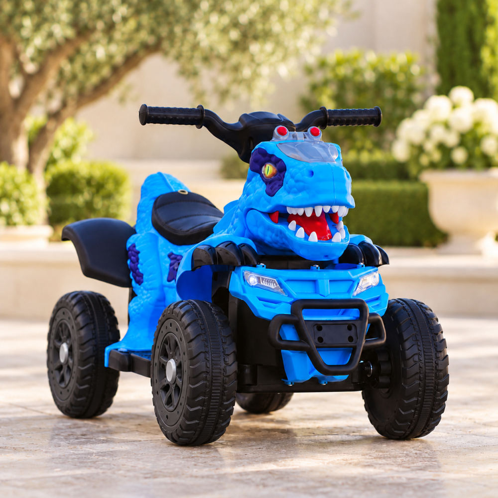 ATV electric dinozaur T-Rex pentru copii, 6V 7Ah, motor 35W, lumini LED, Bluetooth, USB si scaun tapitat, albastru, 18-48 luni [4]