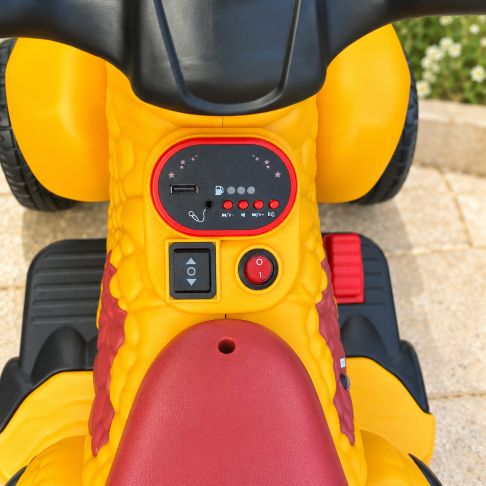 ATV electric dinozaur T-Rex pentru copii, 6V 7Ah, motor 35W, lumini LED, Bluetooth, USB si scaun tapitat, galben, 18-48 luni [9]