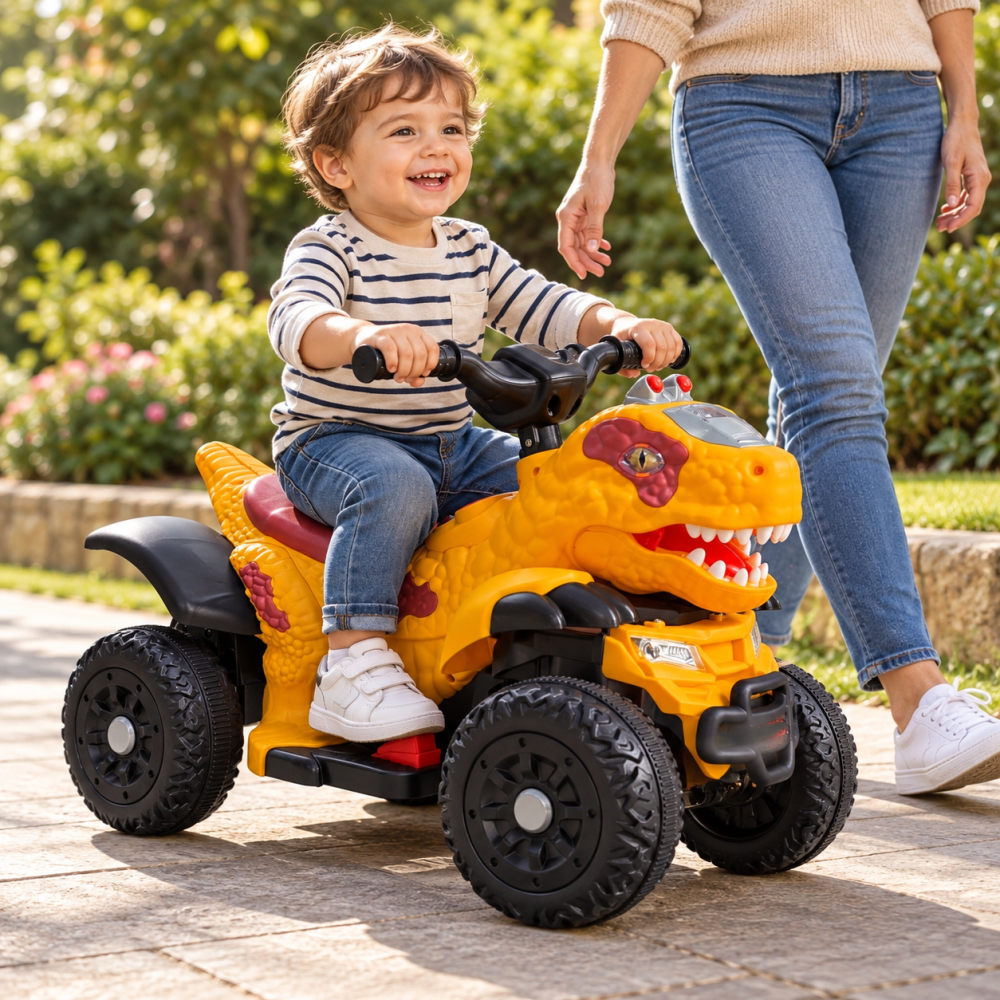 ATV electric dinozaur T-Rex pentru copii, 6V 7Ah, motor 35W, lumini LED, Bluetooth, USB si scaun tapitat, galben, 18-48 luni [10]
