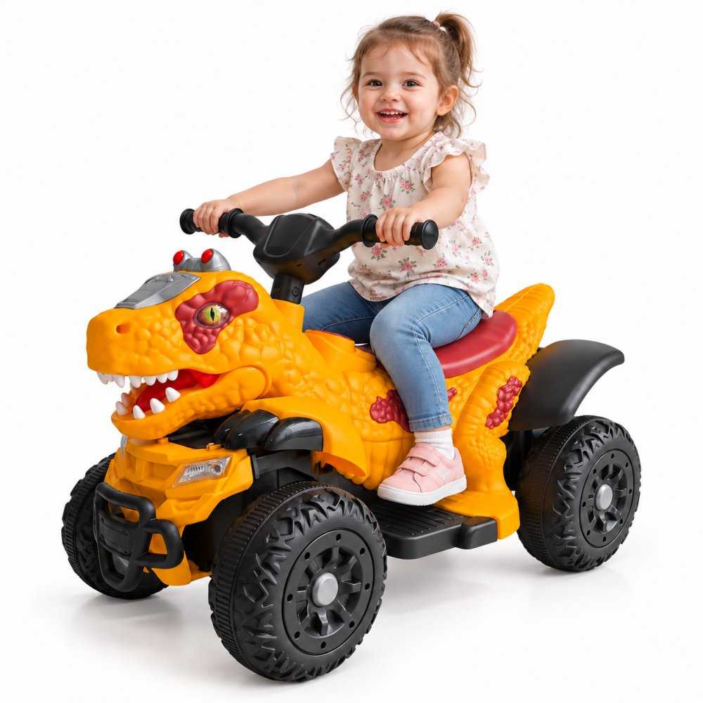 ATV electric dinozaur T-Rex pentru copii, 6V 7Ah, motor 35W, lumini LED, Bluetooth, USB si scaun tapitat, galben, 18-48 luni [2]