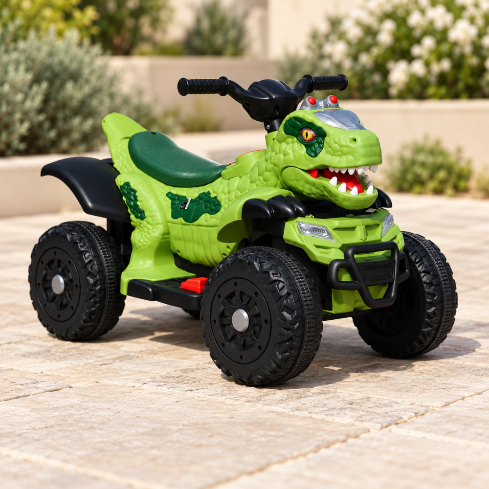 ATV electric dinozaur T-Rex pentru copii, 6V 7Ah, motor 35W, lumini LED, Bluetooth, USB si scaun tapitat, verde, 18-48 luni [10]