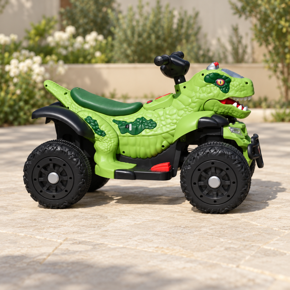 ATV electric dinozaur T-Rex pentru copii, 6V 7Ah, motor 35W, lumini LED, Bluetooth, USB si scaun tapitat, verde, 18-48 luni [12]