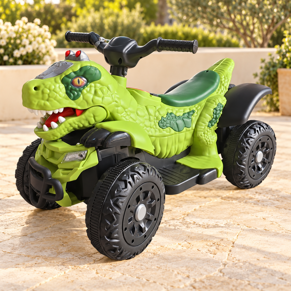 ATV electric dinozaur T-Rex pentru copii, 6V 7Ah, motor 35W, lumini LED, Bluetooth, USB si scaun tapitat, verde, 18-48 luni [16]