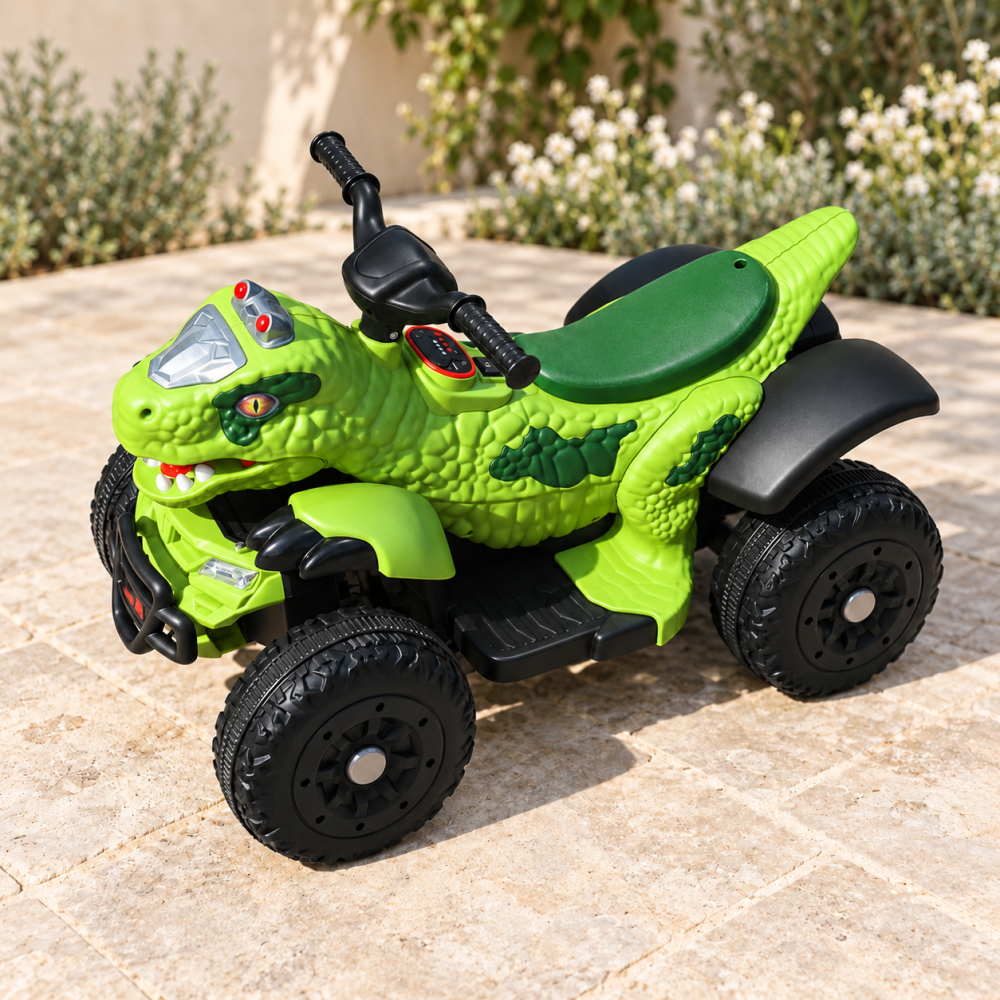 ATV electric dinozaur T-Rex pentru copii, 6V 7Ah, motor 35W, lumini LED, Bluetooth, USB si scaun tapitat, verde, 18-48 luni [13]