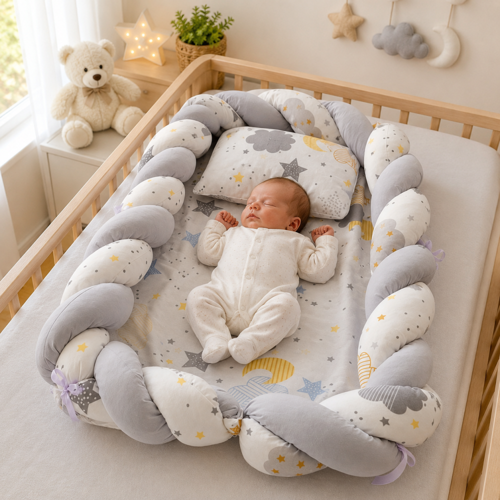 Baby nest cocon din muselina gri cu perna si saltea 80x52 cm [3]