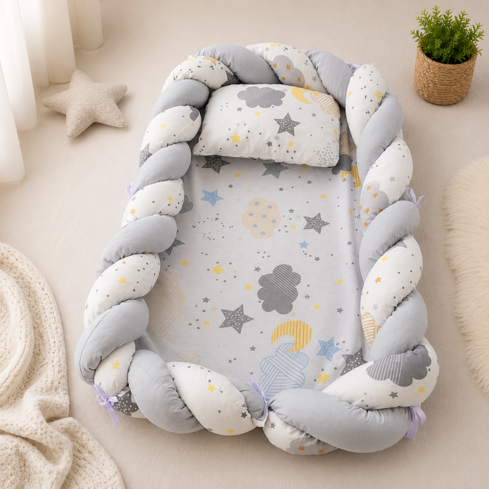 Baby nest cocon din muselina gri cu perna si saltea 80x52 cm [6]