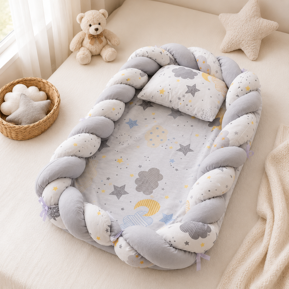 Baby nest cocon din muselina gri cu perna si saltea 80x52 cm [5]