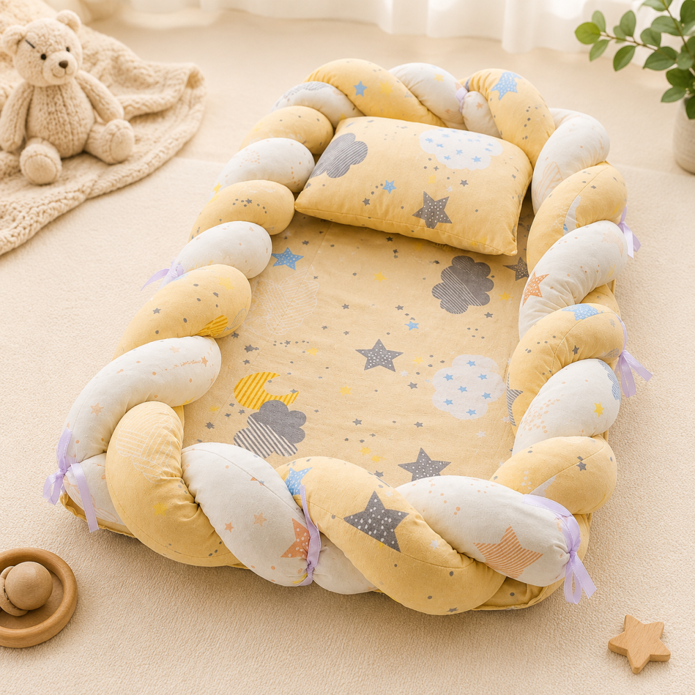 Baby nest cocon tricotat galben cu perna si saltea 72x52 cm [3]